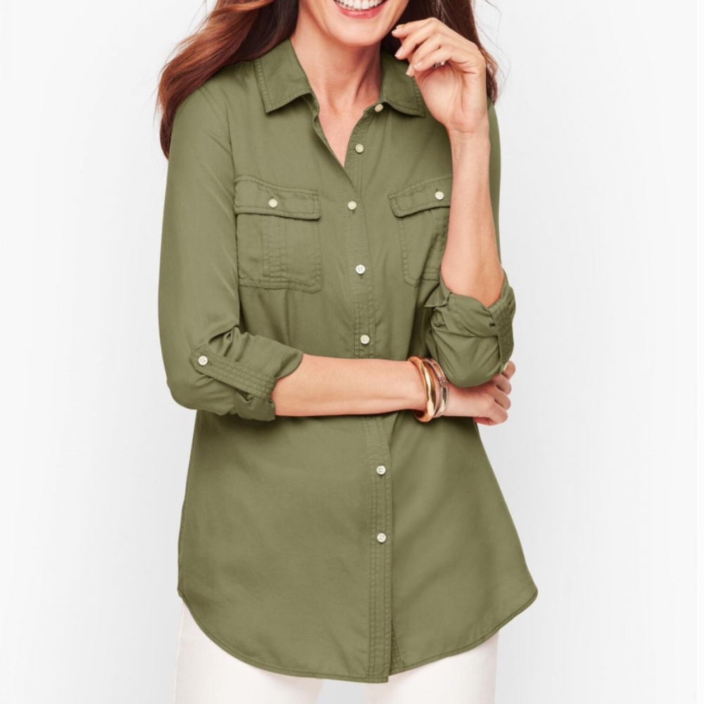 Talbots Button Down Safari Shirt Top with Pockets & Roll Tab Sleeves
